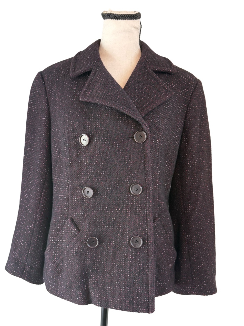 DKNY Purple Tweed Wool Blend Metallic Thread Double Breasted Jacket Sz 10
